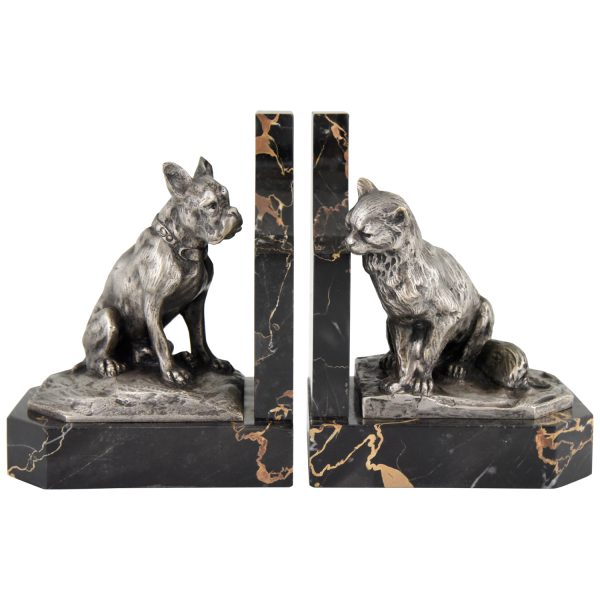 Art Deco serre livres bronze chat et bouledogue