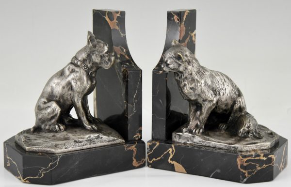 Art Deco serre livres bronze chat et bouledogue