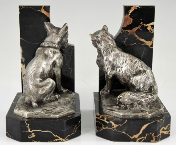 Art Deco serre livres bronze chat et bouledogue