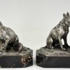 Art Deco Buchstützen Bronze Katze und Bulldogge