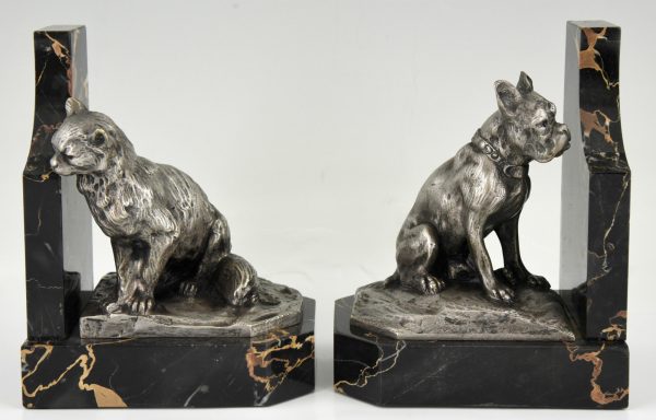 Art Deco serre livres bronze chat et bouledogue