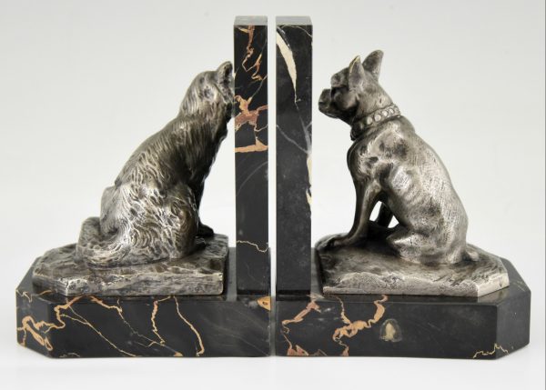 Art Deco serre livres bronze chat et bouledogue