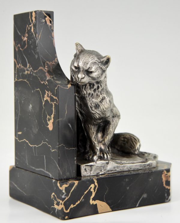 Art Deco serre livres bronze chat et bouledogue