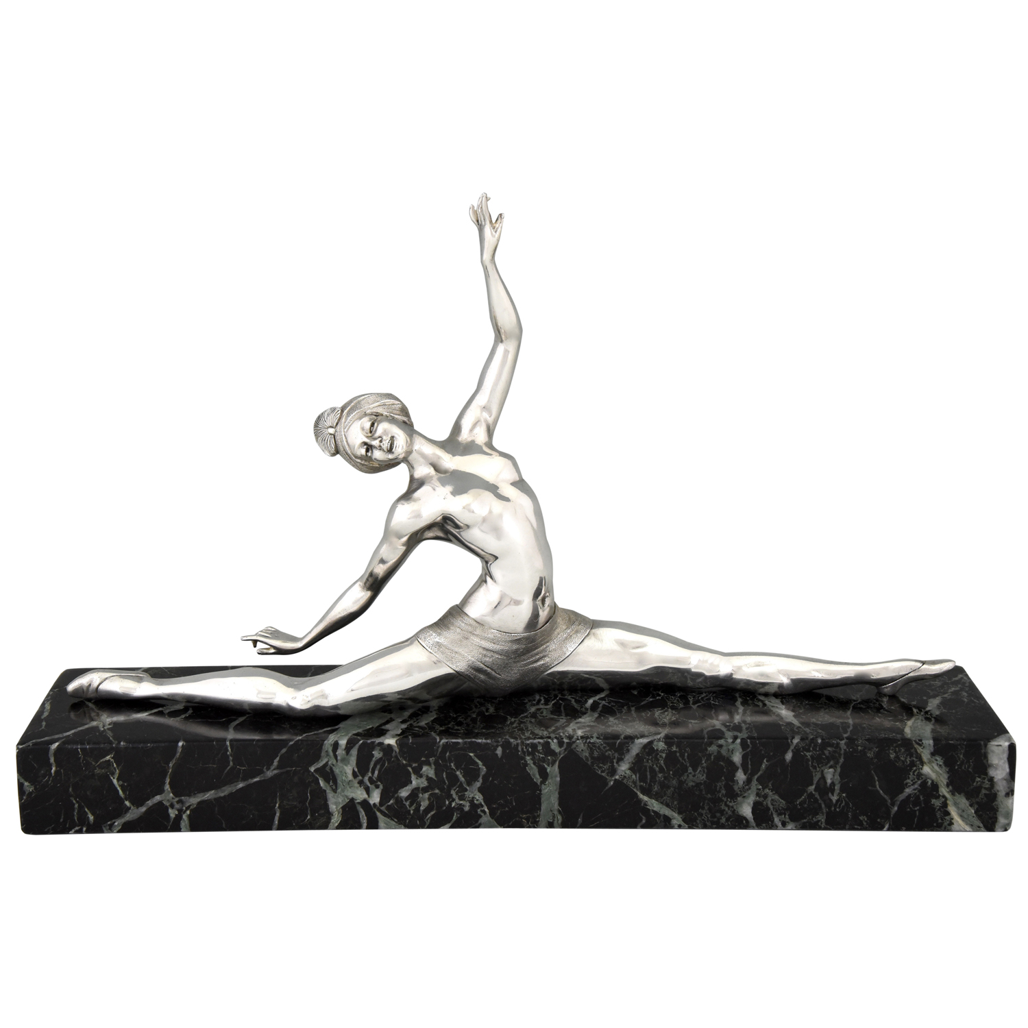 Art Deco silvered bronze sculpture nude dancer in split pose Art Deco silvered bronze sculpture nude dancer in split pose