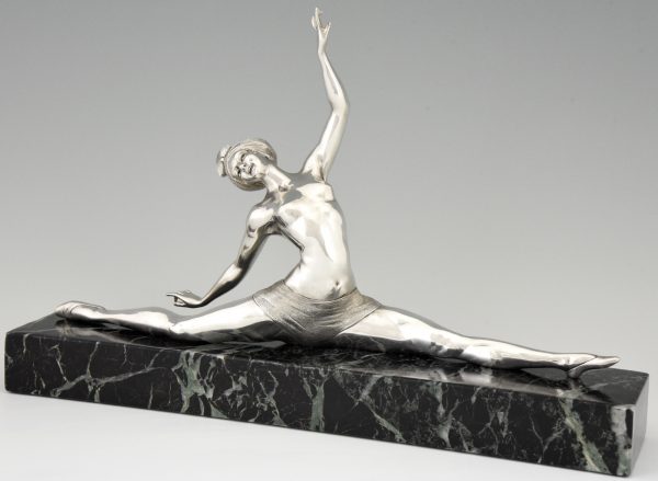 Art Deco silvered bronze sculpture nude dancer in split pose