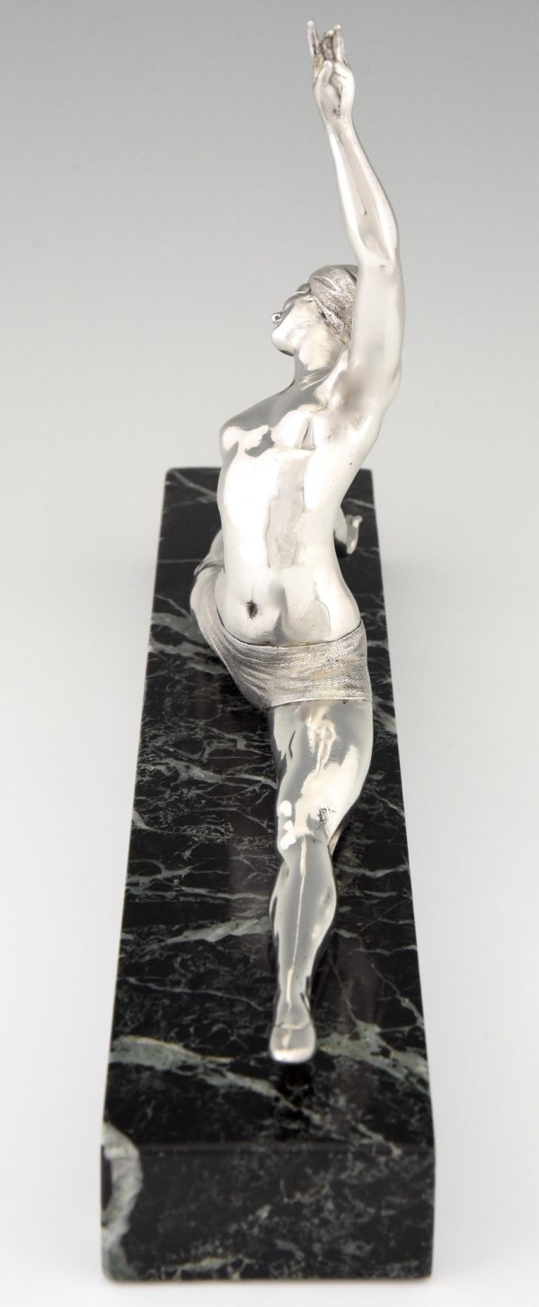 Art Deco silvered bronze sculpture nude dancer in split pose