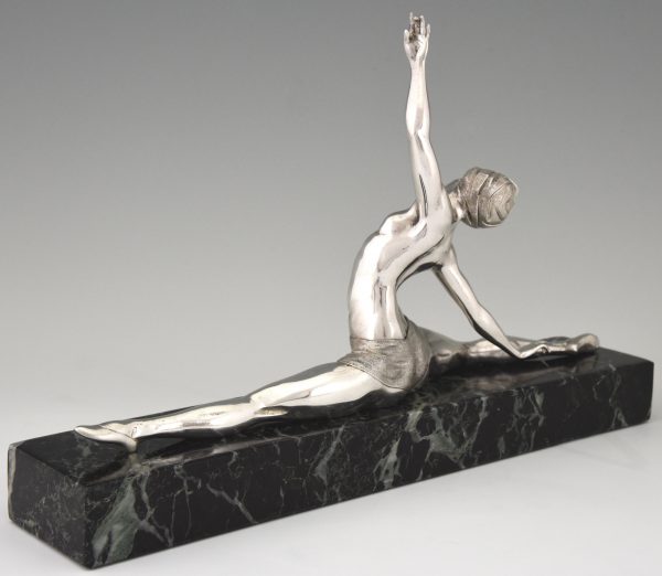 Art Deco silvered bronze sculpture nude dancer in split pose