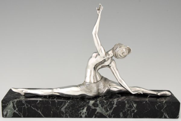 Art Deco silvered bronze sculpture nude dancer in split pose