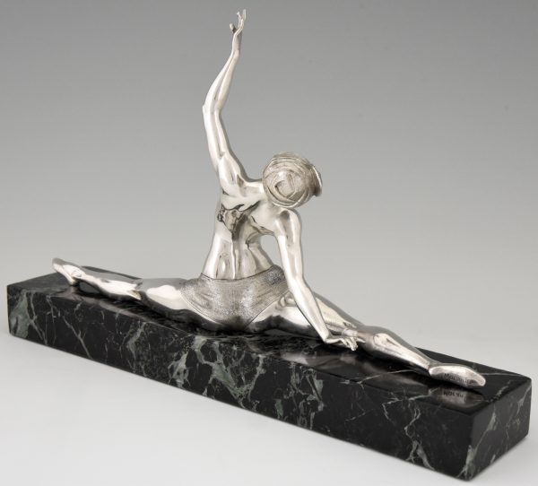 Art Deco silvered bronze sculpture nude dancer in split pose