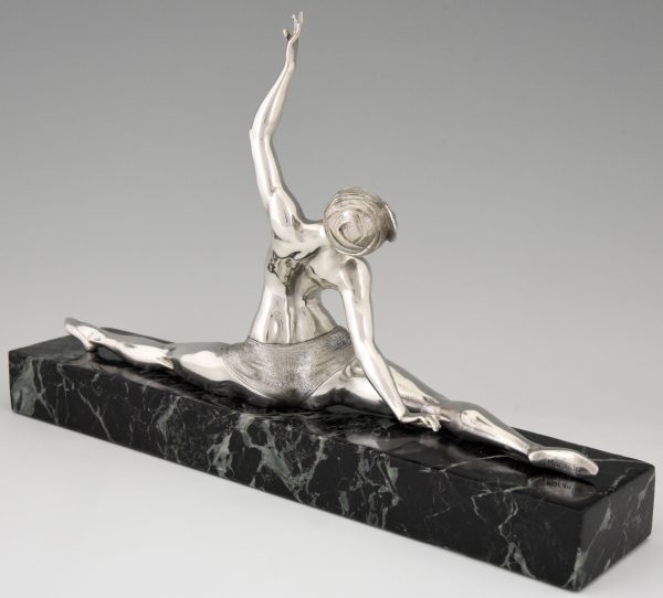 Art Deco verzilverd bronzen sculptuur danseres in spagaat