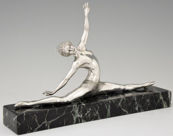 Art Deco silvered bronze sculpture nude dancer in split pose