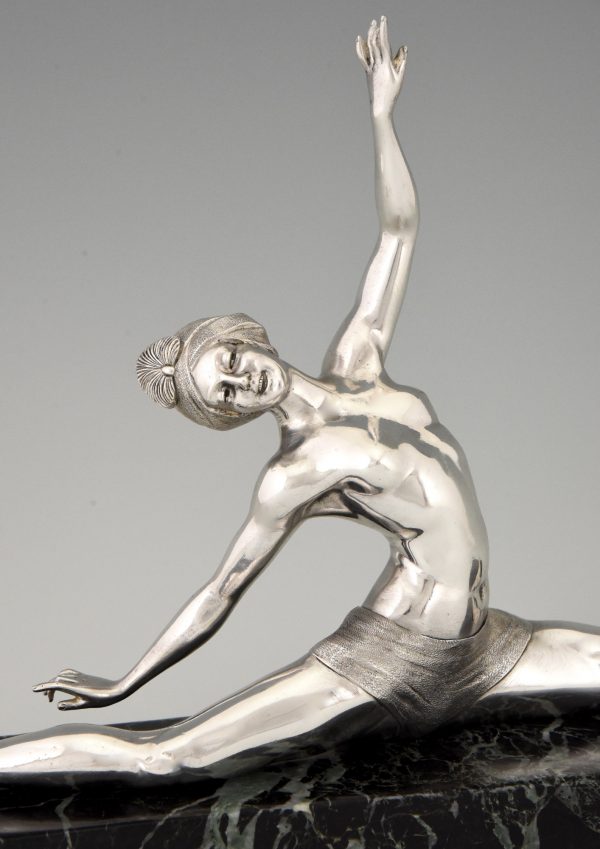 Art Deco silvered bronze sculpture nude dancer in split pose