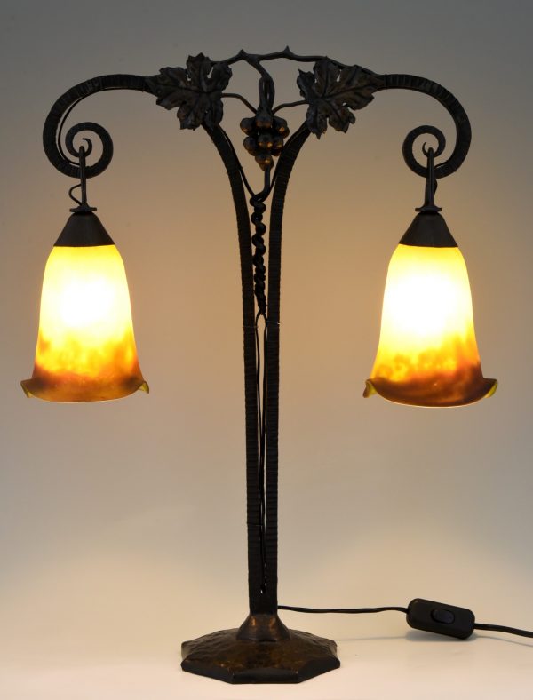 Art Deco double pâte de verre glass and iron table lamp