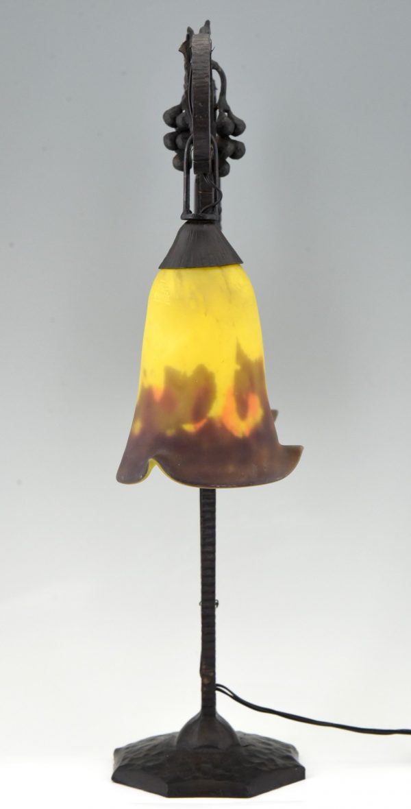 Art Deco double pâte de verre glass and iron table lamp