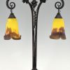 Art Deco double pâte de verre glass and iron table lamp