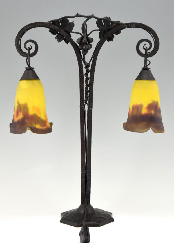 Art Deco double pâte de verre glass and iron table lamp