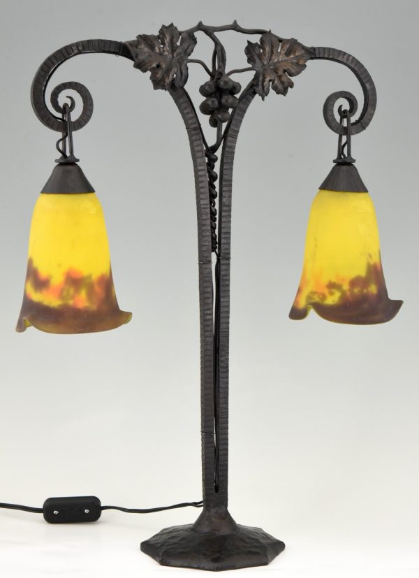 Art Deco double pâte de verre glass and iron table lamp