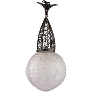 Art Deco glass and wrought iron peacock hall lamp