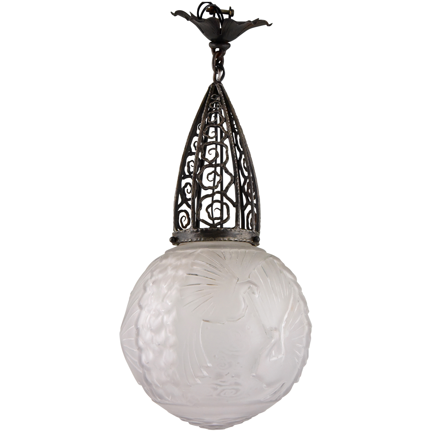 Art Deco hanglamp glas en smeedijzer met pauw