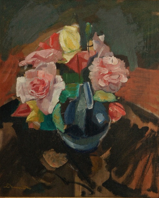 Schilderij olieverf op doek, rozen in vaas