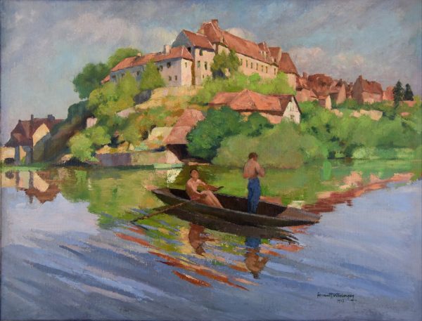 Oil painting, village landscape with fishermen in boat