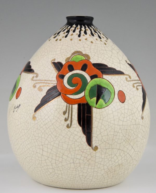 Art Deco crackle & enamel globe vase