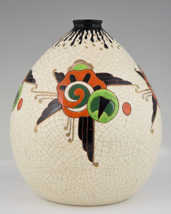 Art Deco crackle & enamel globe vase