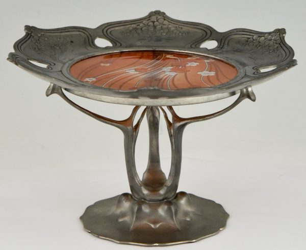 Plateau Art Nouveau avec incrustation de verre gravé et émaillé