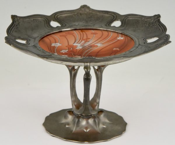 Plateau Art Nouveau avec incrustation de verre gravé et émaillé