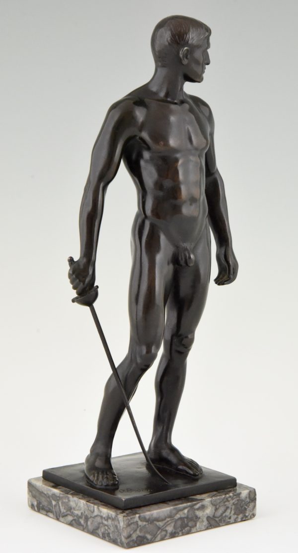 Bronze Skulptur Männlicher Akt, Fechter mit Schwert
