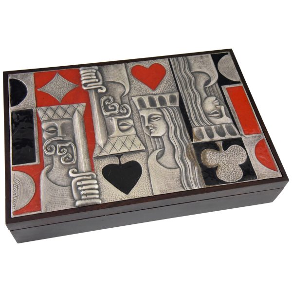 Card playing box 1960 sterling silver, enamel and wood