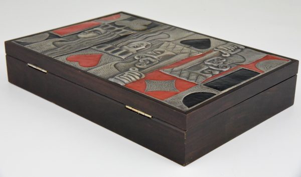 Card playing box 1960 sterling silver, enamel and wood