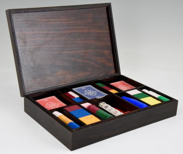 Kasten für Kartenspiel emailliertes Silber und Holz 1960