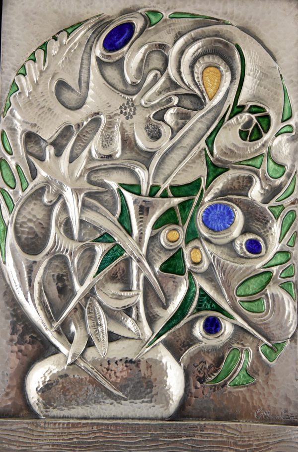 Geëmailleerd sterling zilveren wandpaneel, bloemenvaas