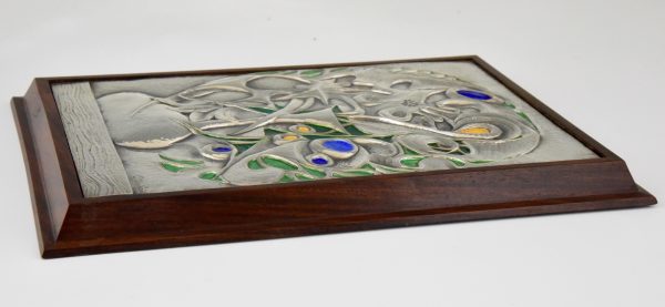 Enamelled Sterling silver wall panel, vase with flowers