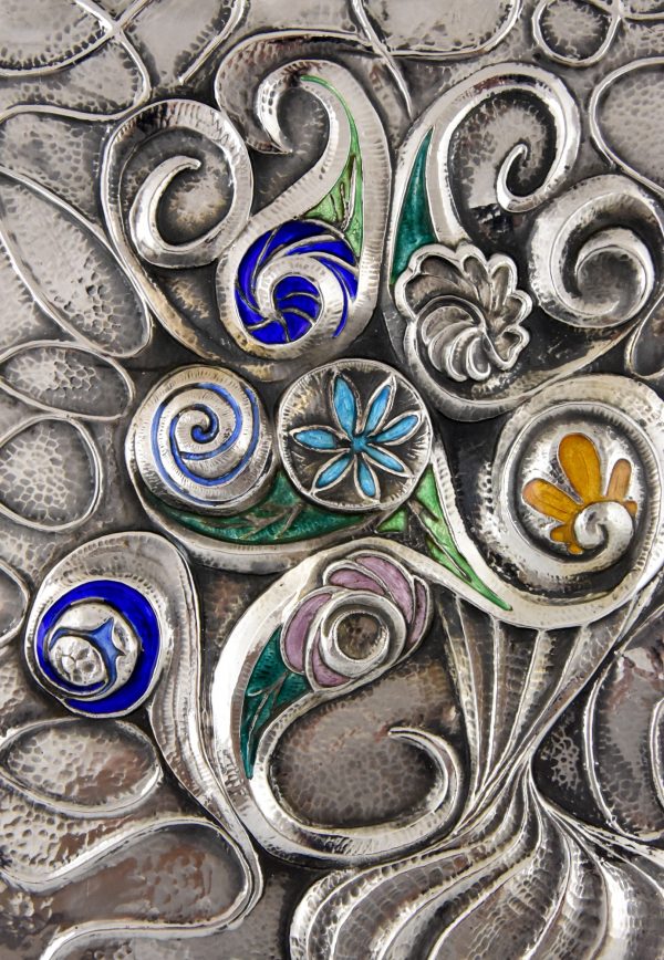Geëmailleerd sterling zilveren wandpaneel, bloemenvaas