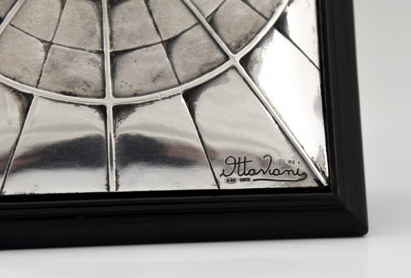 Mid Century silver and wood box with spider in web