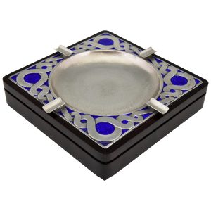 Mid Century silver ashtray with blue enamel and wood