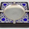 Mid Century silver ashtray with blue enamel and wood