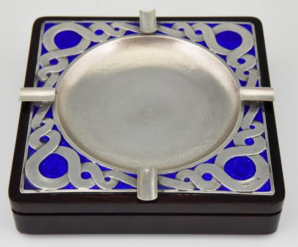 Mid Century silver ashtray with blue enamel and wood