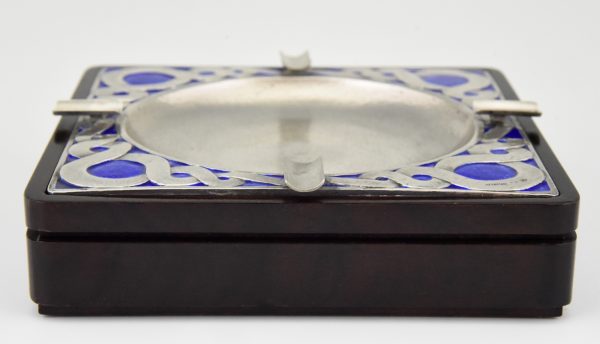 Mid Century silver ashtray with blue enamel and wood