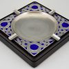 Mid Century silver ashtray with blue enamel and wood