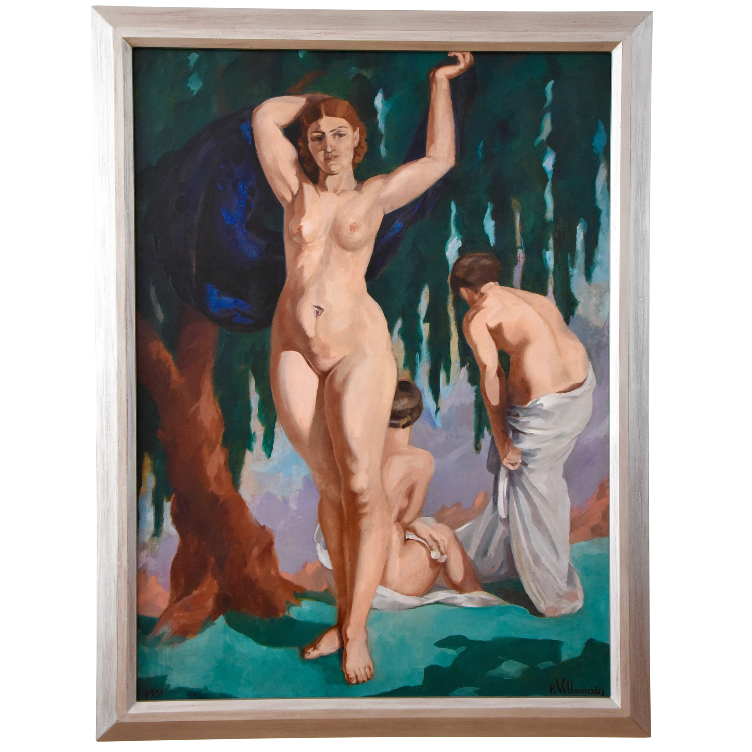 Large French Art Deco painting with three bathing nudes