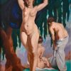 Large French Art Deco painting with three bathing nudes