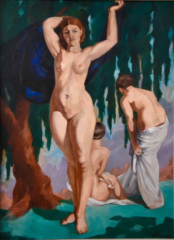Large French Art Deco painting with three bathing nudes