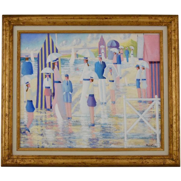 Oil painting people walking on the beach in Deauville