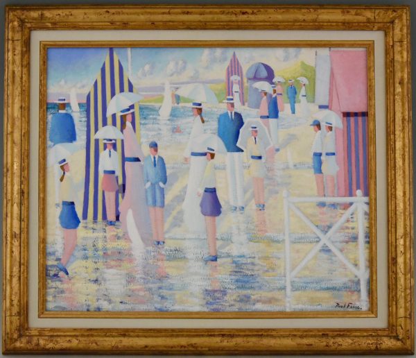 Oil painting people walking on the beach in Deauville