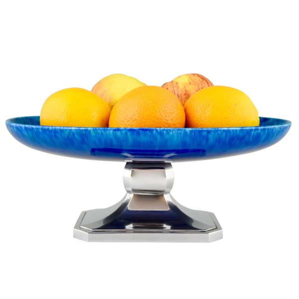 Art Deco blue ceramic and chrome fruit dish