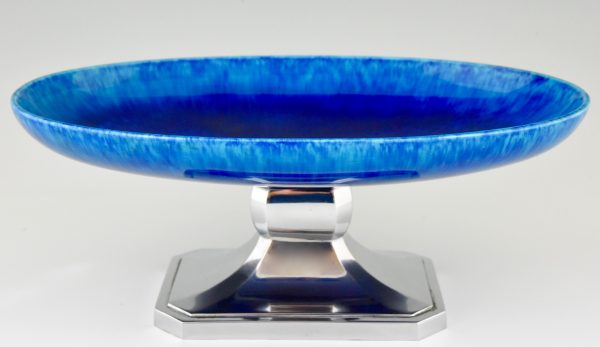 Art Deco blue ceramic and chrome fruit dish