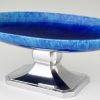 Art Deco blue ceramic and chrome fruit dish